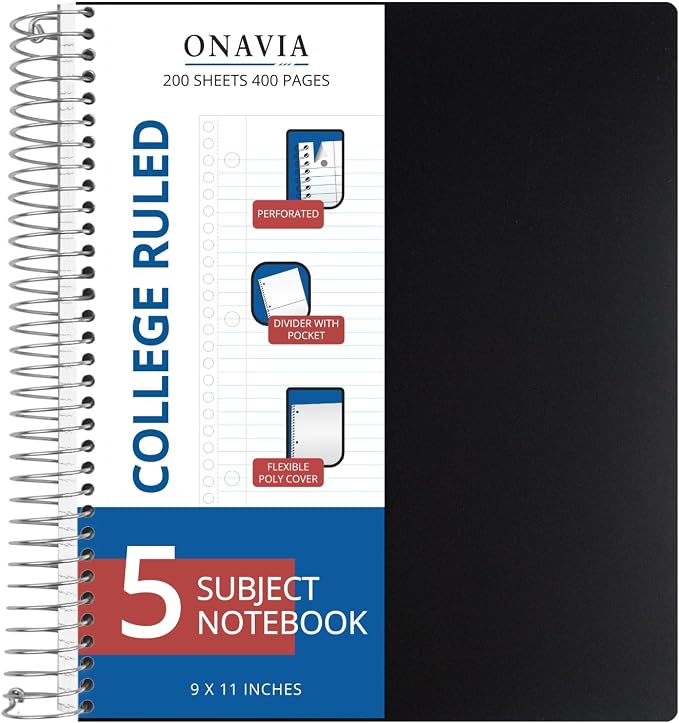 ONAVIA 5 Subject Spiral Notebook College Ruled, 400 Pages, Black | 200 Sheets, 9 x 11 in, 6 Pack Waterproof Plastic Cover, Durable, School Notebooks, Classroom, Teachers