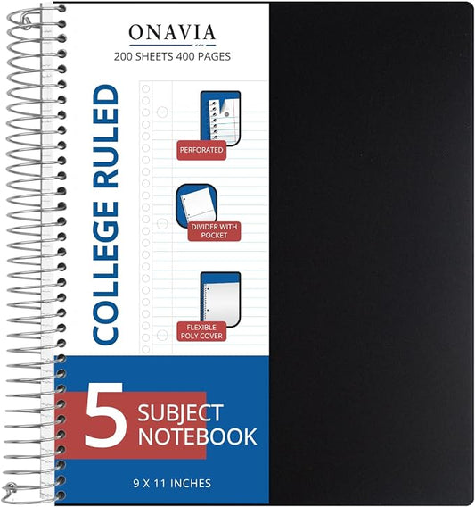 ONAVIA 5 Subject Spiral Notebook College Ruled, 400 Pages, Black | 200 Sheets, 9 x 11 in, 6 Pack Waterproof Plastic Cover, Durable, School Notebooks, Classroom, Teachers