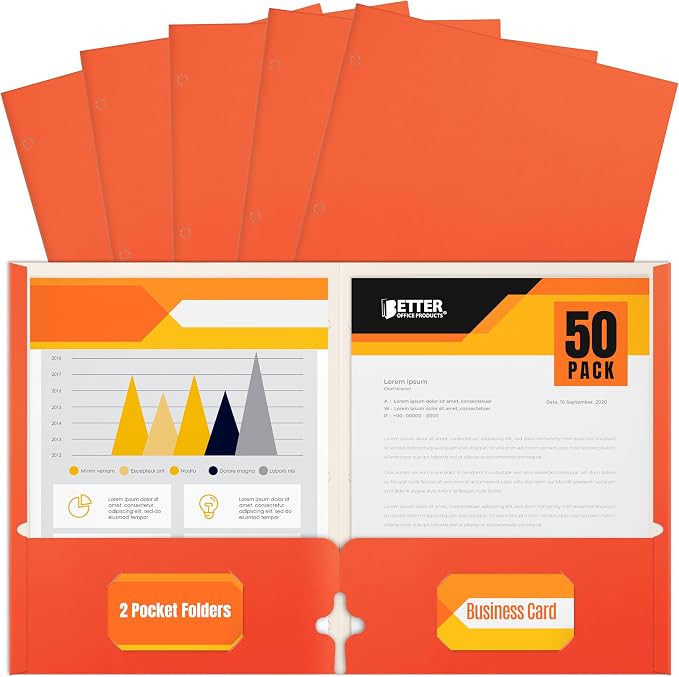 Better Office Products Two Pocket Portfolio Folders, 50-Pack, Orange, Letter Size Paper Folders, 50 Pieces, Orange