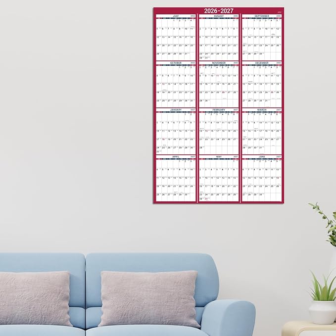 2026-2027 Yearly Wall Calendar - Calendar 2026-2027, 34.8" x 22.8"(Open) | Large Wall Calendar 26-27, July 2026 - June 2027, Full Year Calendar Large, One Page Vertical with Round Stickers - Red