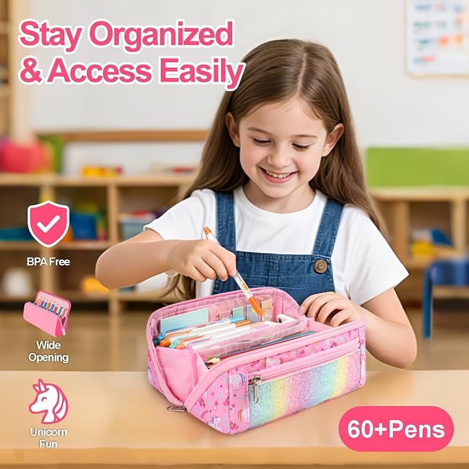 Large Pencil Case for Girls, Aesthetic Pencil Pouch for School, Wide Opening Organizer Box with Handle, Fits 50 Pens & Markers (Glitter Pink Unicorn) | Kids Pencil Case & Wide Handle, Water Resistent Organizer Box, Fits 50 Pens & Markers, Daily Use, Gl...