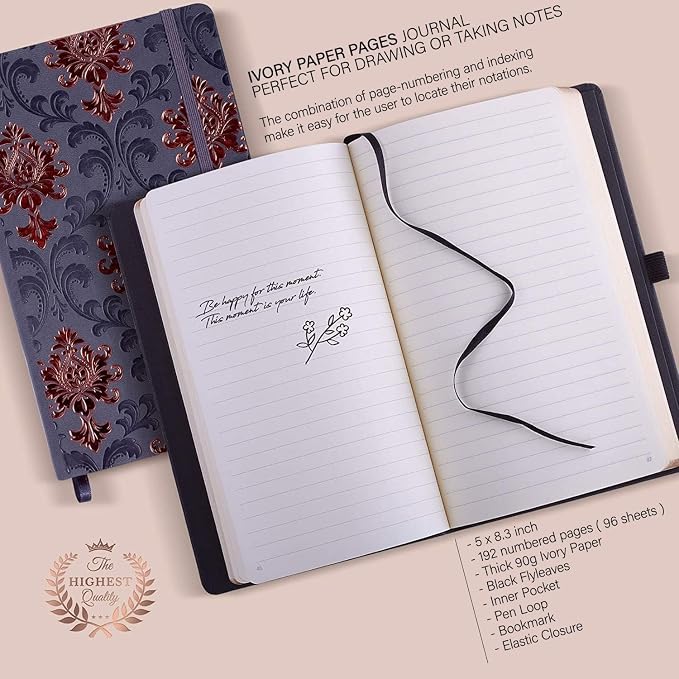 Exclusive Writing Journal for Women and Men - Handmade in Italy with Ivory Paper - Travel Diary Notebook for Daily Notes, Dreams or Planning - Perfect for a Traveler, Writer, Musician(ROSE) (BAROQUE COOPER)