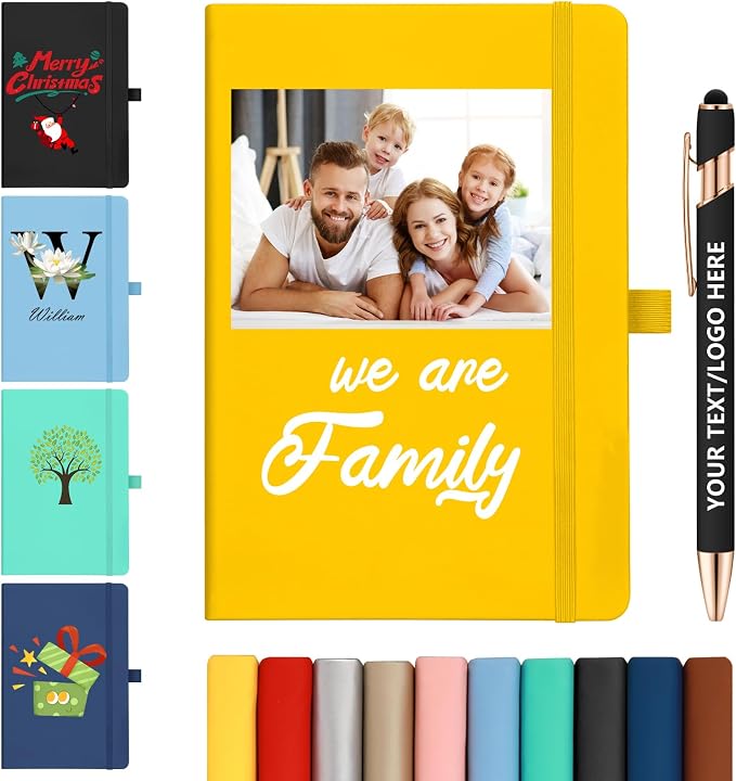 ENOMY Personalized Notebook &10 PC Pens Set A5 Journal Hardcover Custom Notebook 200 Lined Pages Business Notebook with Pen Holder for Holiday College Birthday Business Gift, Yellow