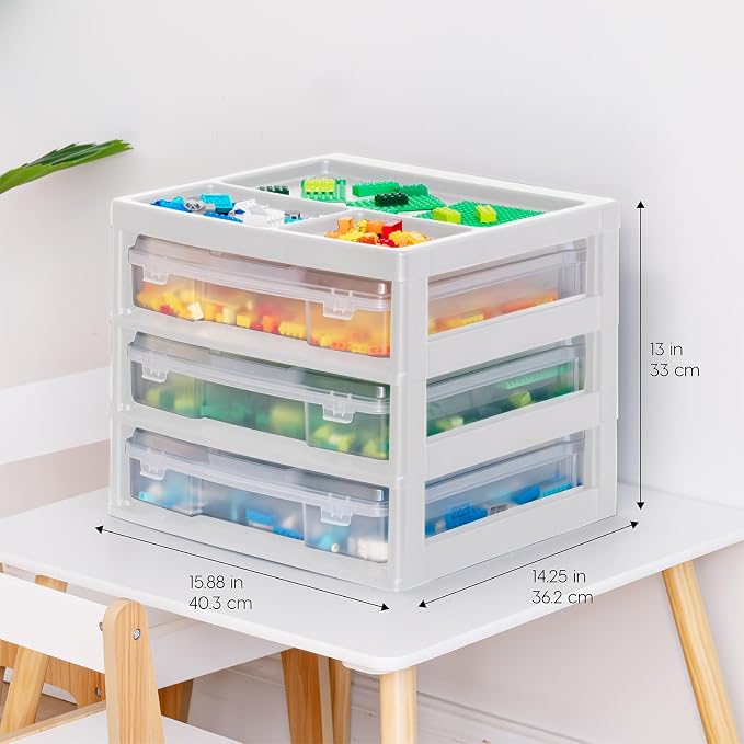 IRIS USA Fits 12" x 12" Paper, 3-Tier Desk Top Storage Unit with Organizer Top, for Office Art & Craft Supplies, Pens Pencils Sticky Notes Paper Clips, 3 Clear Cases w/ Built in Handle - White/Clear
