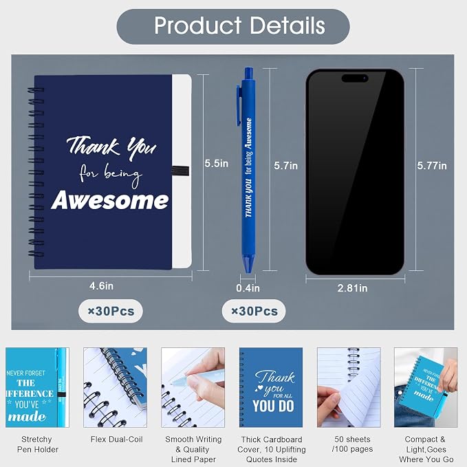 30 Sets/60 Pcs Employee Appreciation Gifts Bulk – Inspirational Notebooks with Motivational Pens, Small Notepads for Coworkers, Office Staff, Team, Volunteer, Nurse, Teachers, Housekeeping (Blue)