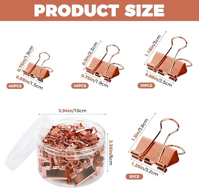 100 Pcs Binder Clips for Office, Paper Clamps, Metal Clamp Bulk for Document Organizing, School Supplies for Teachers Business, Pink Binder Clips Assorted Sizes