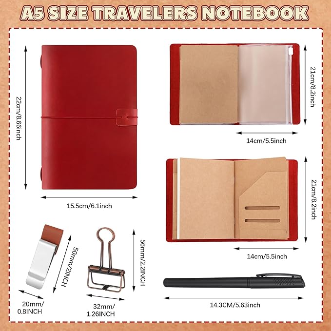 Thenshop Travelers Refillable Leather Journal Notebook Travel Diary Handmade Passport Travelers Journal for Men and Women with 3 Notebook Inserts, Pen Holder, Binder Clip(Wine Red,A5 Size)