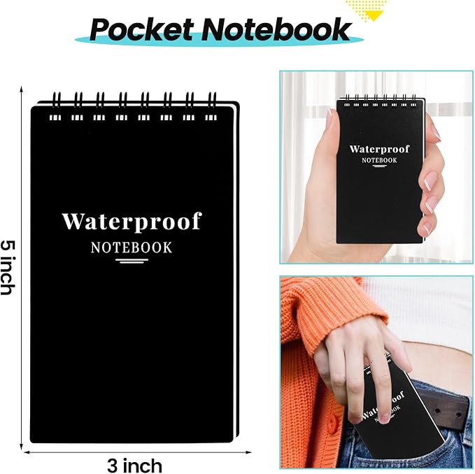 12 Pack 3x5" Waterproof Mini Notebook, Top Spiral Small Notepad for Outdoor | Pocket Notepad, Stone Paper Note Pads, All-Weather Tearproof Stain & Grease Resistant, for Camping Office Travel Work School