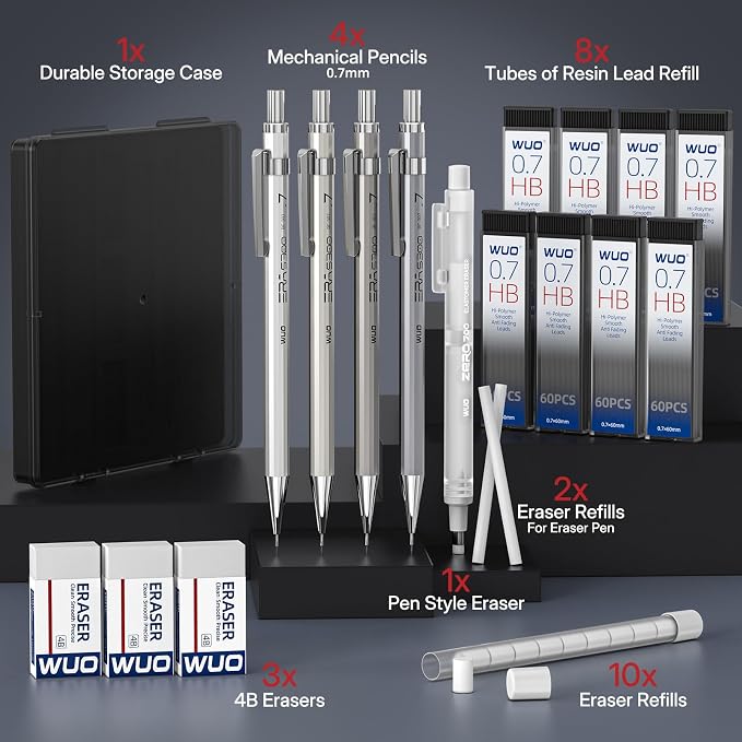 WUO 0.7mm Mechanical Pencil Set with Eraser Pen, 4PCS Metal Mechanical Pencils, 480 HB Lead Refills, 3PCS 4B Erasers, 10PCS Eraser Refills for Writing, Drafting, Drawing & Sketching