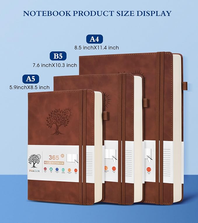 PERCUN A4 Lined Journal Notebook，365 Page Large Leather Journals for Writing Women Men，Hardcover Notebook with 100Gsm Thick Pages for Travel，Work，School，College Ruled, Daily Diary (8.5" x 11.4")