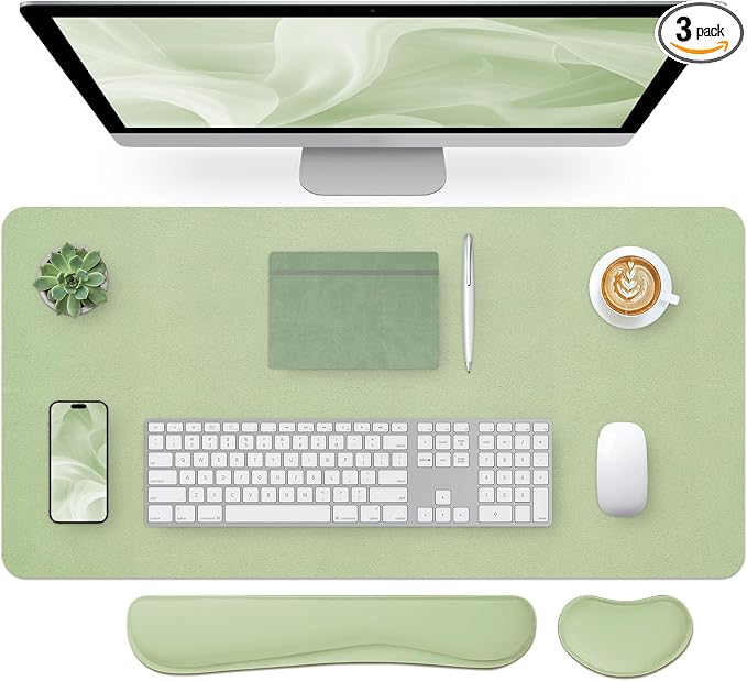 Bloss Leather Desk Mat and Keyboard Wrist Rest, Large Mouse Pad + Keyboard Pad+Mouse Wrist Support, Non-Slip Desk Mat Protector for Office, Home(35.4×15.7 Inches, Green)