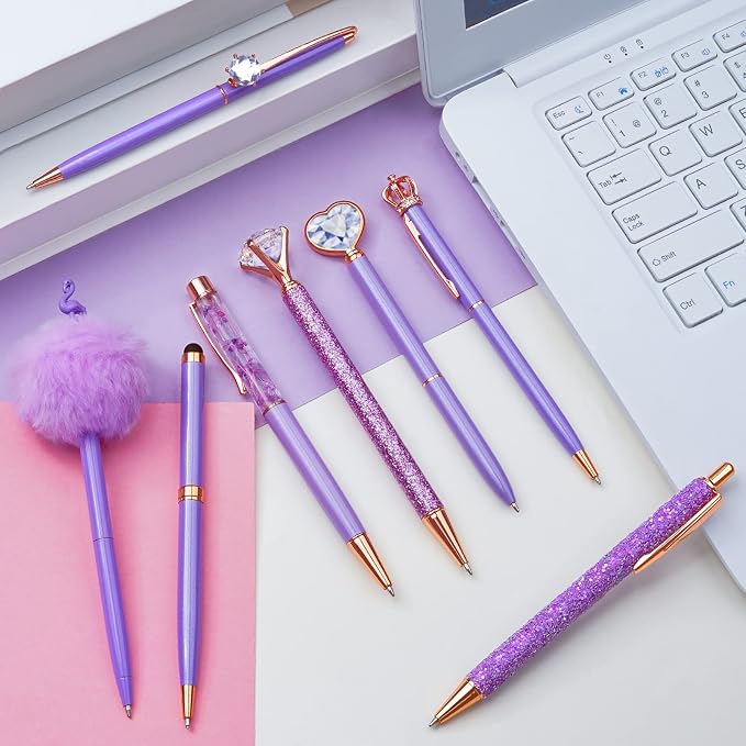 WEMATE 8Pcs Purple Pens, Metal Crystal Diamond Pens with Black & Blue Ink | Fancy Pens for Journaling, Office & Gift Supplies for Women Girls, Birthday and Back to School