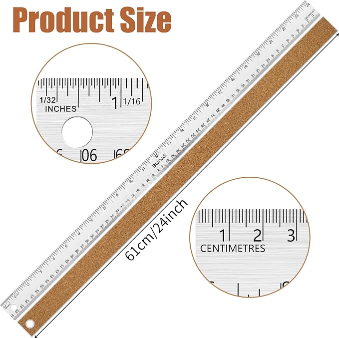 24 Inch Metal Ruler, Stainless Steel Straight Edge Ruler with Cork Backing, Non-Slip Imperial & Metric Measuring Tool for School, Office, Woodworking, Drafting