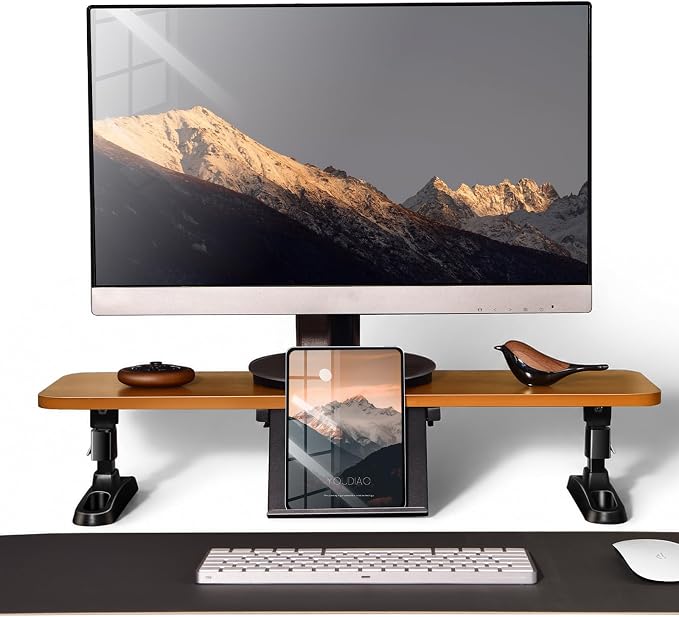 Ergonomic Wooden Monitor Stand Riser with Height Adjustable Button | One Touch Height Adjustable, Hidden Phone/Tablet Holder, Keyboard Storage Organizer, for Home Office Desktop