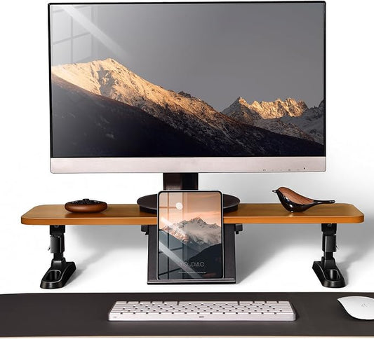 Ergonomic Wooden Monitor Stand Riser with Height Adjustable Button | One Touch Height Adjustable, Hidden Phone/Tablet Holder, Keyboard Storage Organizer, for Home Office Desktop