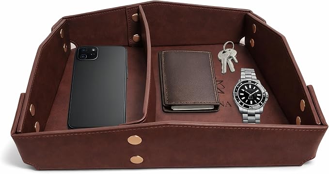 Valet Tray Organizer for Men & Women - PU Leather Catch All Tray with Removable Divider - EDC Storage for Keys, Watch, Phone - Nightstand, Dresser & Desk Organizer - Midnight Espresso