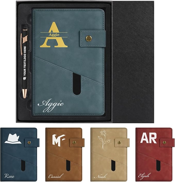 ENOMY Personalized Notebook & Pen Set A5 Notebook with Lock Closure, 200 Lined Pages PU Leather Custom Notebook Cover Premium Gift Box for College Birthday Business Gift, Gray Blue