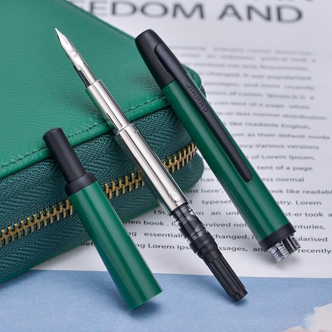 Jinhao 20 Press Retractable Fountain Pen Extra Fine Nib with Converter Resin Writing Gift Pen, Dark Green with Black Clip