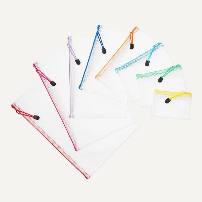 Amazon Basics 30-Pack Mesh Zipper Pouch Bags, 8 Sizes Assorted Colors Storage Organizers, Multipurpose Clear Travel Document Bags for Office Home School Organization