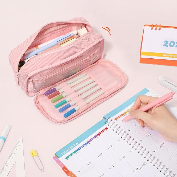 SUNEE Pencil Case, Large Capacity Pencil Pouch, Aesthetic Big Pen Bag, Soft Corduroy Pen Box for Office Stationery Organizer School Supplies Multifunctional for Teen Boys Girls Women Men, Soft Pink