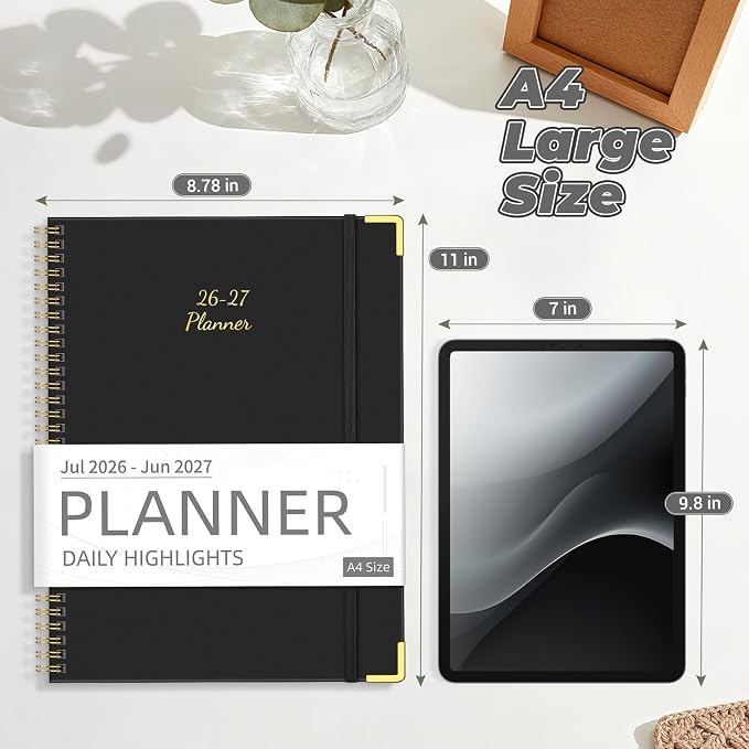 Academic Planner 2026-2027, 8.5" x 11", Hardcover Weekly Planner, Black | Calendar Planner July 2026 - June 2027, Agenda Book with Tabs, Inner Pocket and Sticker for Office & School, A4