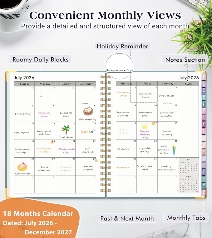 Academic Planner 2026-2027, 18 Months Weekly and Monthly Hardcover Planner, July 2026 - December 2027, 8.5" x 11" A4 Large Daily Calendar Planner Book with Tabs, Spiral College School Agenda Organizer for Student Teacher, Dusty Blue