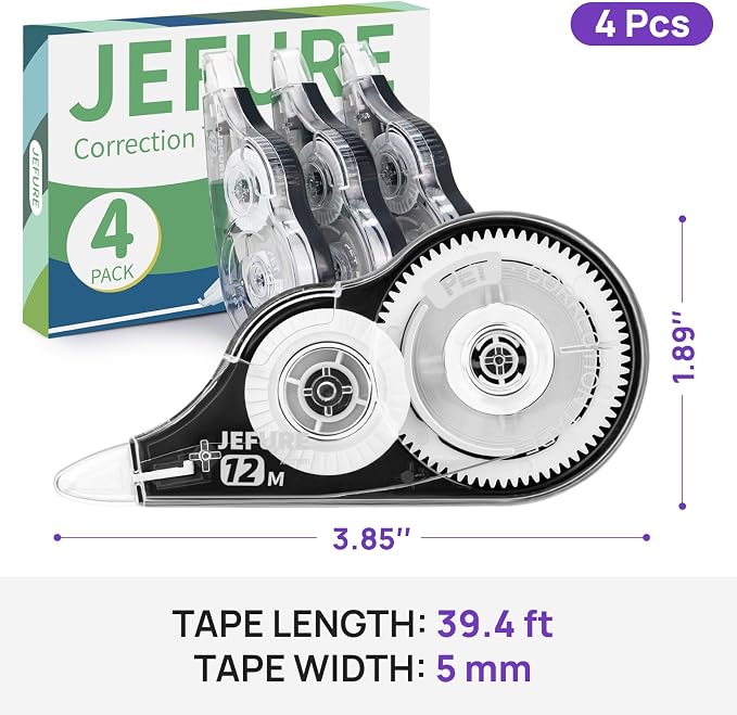 4 Pcs Correction Tape, 39.37 Ft White Wrong Out Tear-Resistant Bulk, Instant Corrections Easy to Use Applicator for School, Office, Note Taking, Journal (Tape Width 0.2 in，Clear)