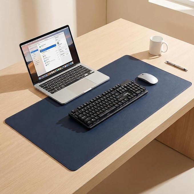 Office Desk Pad Protector, Mouse Pad, Non-Slip, PU Leather, Laptop Desk Blotter, Waterproof Writing Pad for Office and Home, Dark Blue, 14.18'' x 22.85''