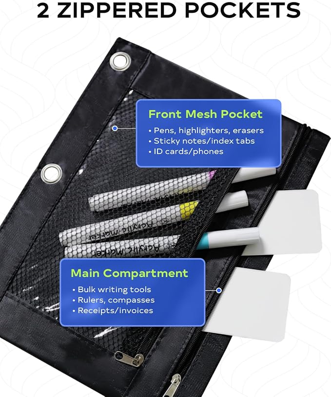 3 Ring Binder Pencil Pouch - Oxford Fabric Pencil Case with 2 Zippered Pockets, Clear Mesh Window Pencil Bag, B5 Size for Office & Travel Supplies (Black)