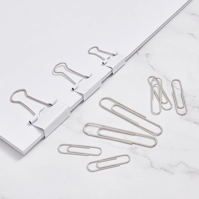 FUDAO FAMILY Paper Clips & Binder Clips, 340 PCS Assorted Sizes, Silver & White, Metal, Medium, Large, Small