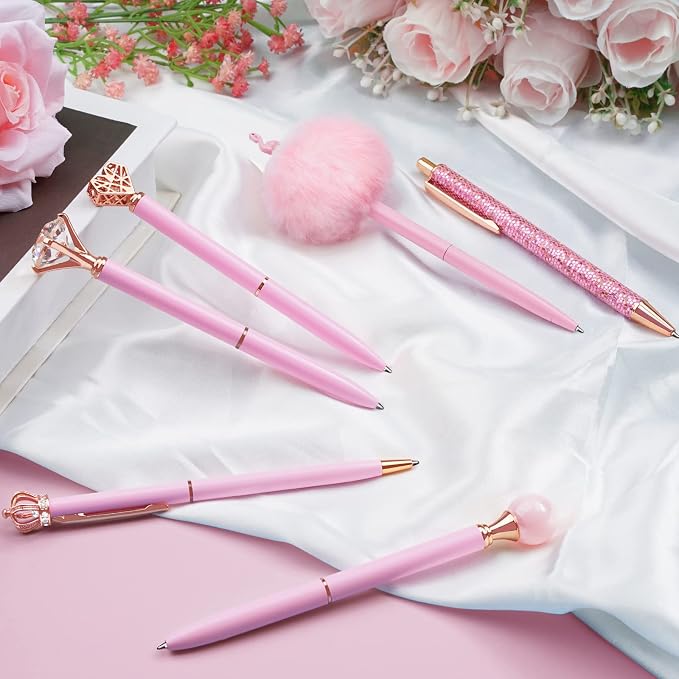 WEMATE 8Pcs Pink Pens, Metal Crystal Diamond Pens with Black & Blue Ink | Fancy Pens for Journaling, Office & Gift Supplies for Women Girls, Birthday and Back to School