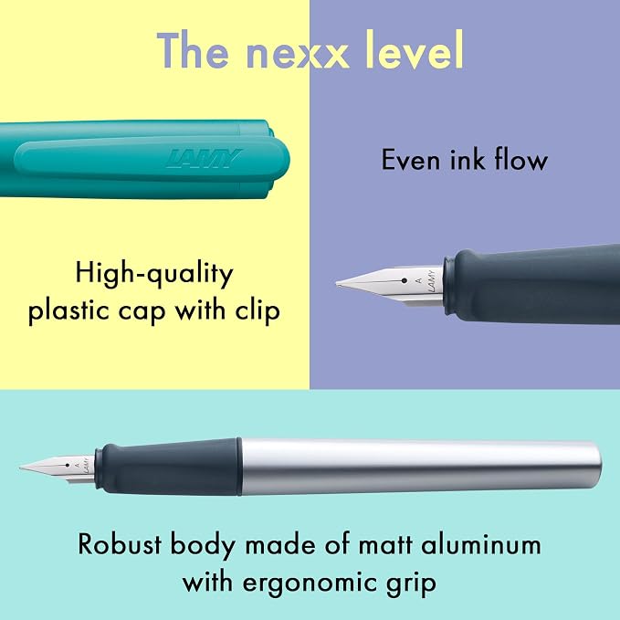 LAMY nexx smaragd – Fountain Pen with slip-proof grip & polished Left-Handed steel nib (LH) in size M - triangular aluminum body - including LAMY T 10 blue cartridge