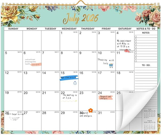 2026-2027 Wall Calendar, 14.5" x 11.8" 18 Month Watercolor Floral | July 2026-December 2027 120Gsm FSC-Certified Paper Monthly Calendar, Twin-Wire Binding, Ruled Blocks, Holiday Reference
