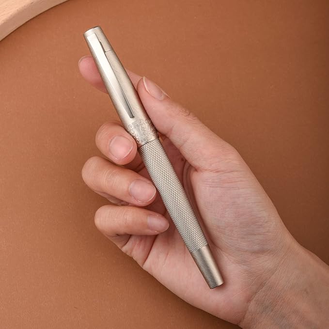 Hongdian 6013 Silver General Fountain Pen, Iridium Gold-silver Fude Nib Solid Metal Writing Pen with Metal Case