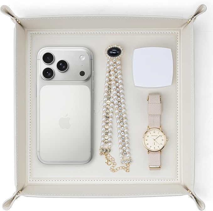 VLANDO Valet Tray Organizer, PU Leather Catchall Tray for Vanity, Beige | Large Jewelry Vanity Tray for Keys, Wallet, Watch, Phone, Glasses and Perfume, Nightstand Dresser Desk Entryway Organizer