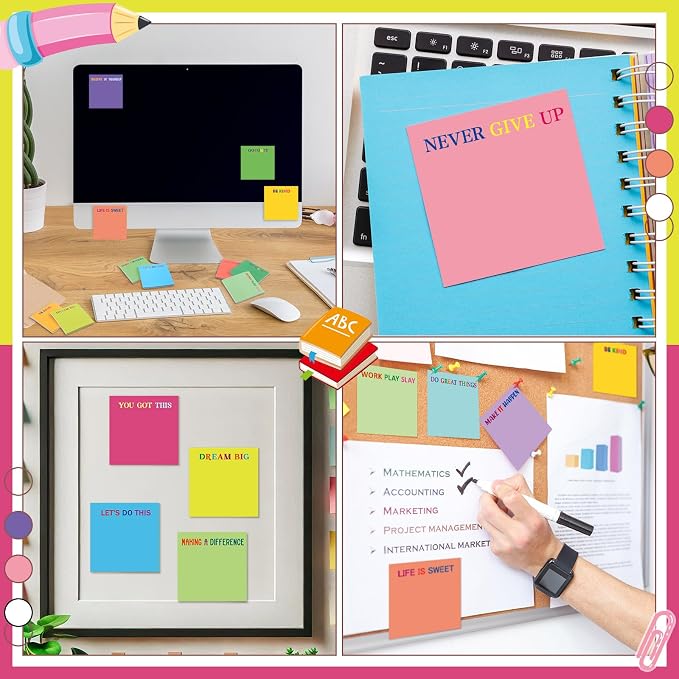 Yinder 24 Pcs Inspirational Sticky Notes, Back to School Supplies, Cute Motivational Sticky Notes Pad Employee Appreciation Gifts Bulk for Teacher Coworker Office 3 x 3'' (Motivational,Bright Color)