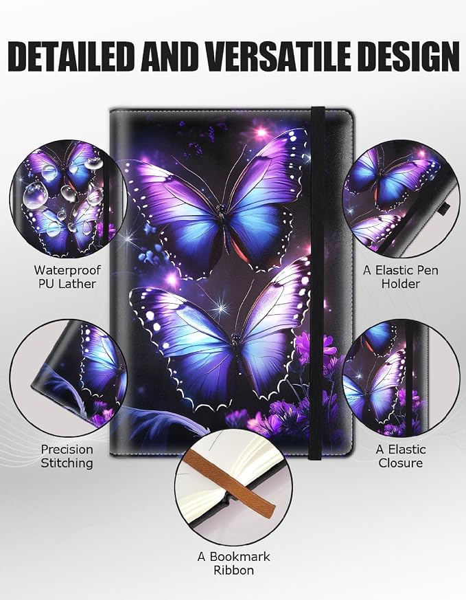 Hardcover Executive Notebooks, A5 PU Leather Lined Journal Notebook, 200 Pages Thick Paper Subject Notebooks for School,Work,Home Writing Business Notebook, Diary Book ，Purple Butterfly