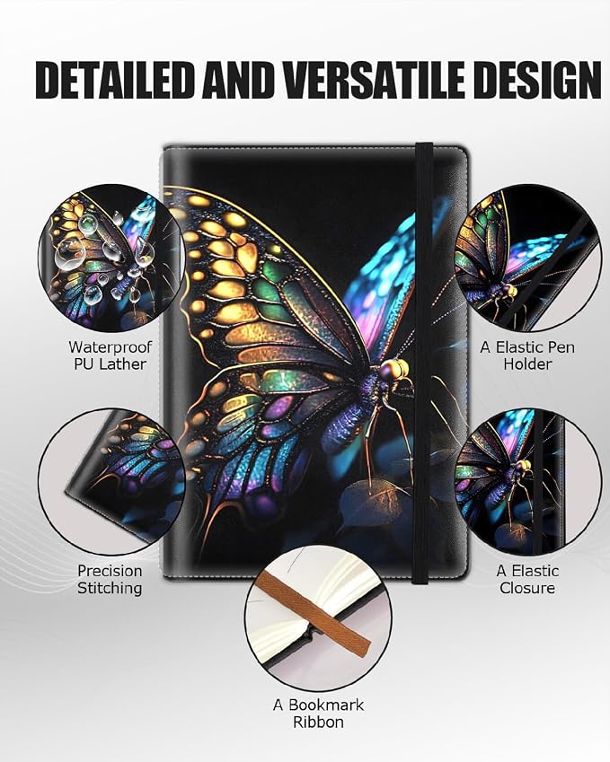 Hardcover Executive Notebooks, A5 PU Leather Lined Journal Notebook, 200 Pages Thick Paper Subject Notebooks for School,Work,Home Writing Business Notebook, Diary Book, Colorful Butterflies