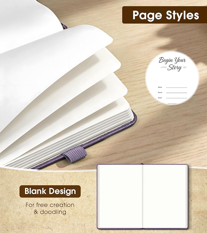 Journal Notebook, A5 Leather Hardcover Blank Sketchbook, 160 Pages, 180° Lay-Flat Binding, 100 GSM Thick Paper, for Sketching, Drawing, Art Journaling & Creative Writing (Purple)