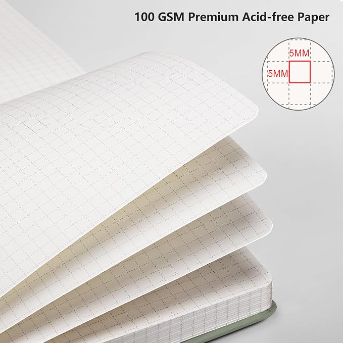 AHGXG Graph Grid Paper Notebook, 192 Pages, A5 Medium Size (5.7'' x 8.3'') | 5 Squares per Inch, Leather Hardcover, 100 GSM Thick Paper, for School, Students, Math, Engineering (Light Green)