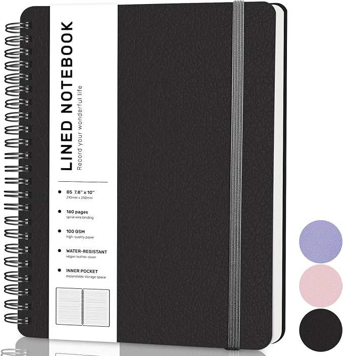 ABERLLS Lined Spiral Journal Notebook with 160 Pages, 7.8×10in, B5 Spiral Notebook, Journaling Notebooks for Work, School, Women, Men, College Ruled Spiral Notebook, Hardcover Leather Journals, Black