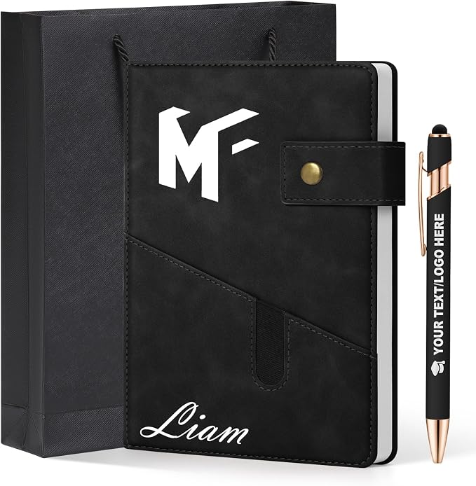 ENOMY A5 Personalized Notebook Journal with Pen & Gift Set Custom Hardcover Notebook 200 Pages Thick Daily Diary for Men Women Lined Journal for Work College Travel Writing, Black