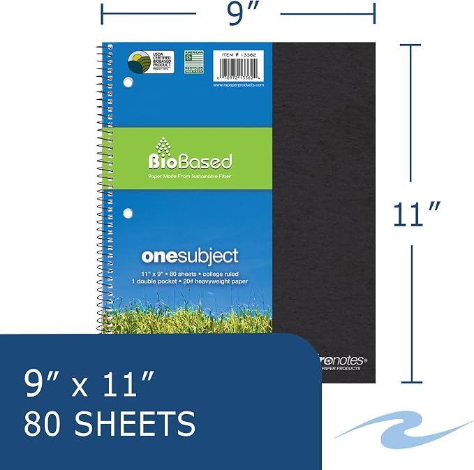 ROARING SPRING Environotes College Ruled Spiral Notebook, 1 Subject Recycled School Notebook with Storage Pocket, 24 Pack, 11" x 9", 80 Perforated Sheets 20 lb Paper, 3 Hole Punched, Made in USA