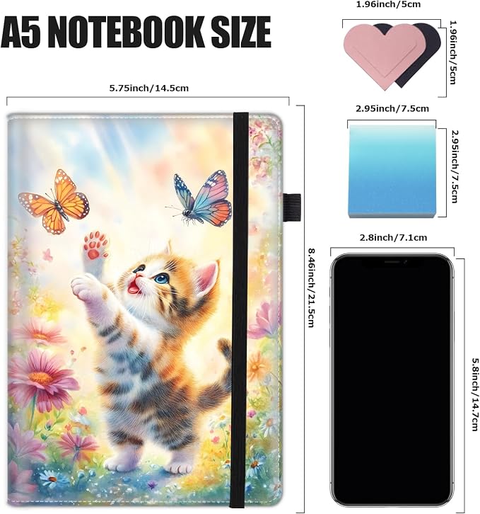 Hardcover Executive Notebooks, A5 PU Leather Lined Journal Notebook, 200 Pages Thick Paper Subject Notebooks for School,Work,Home Writing Business Notebook, Diary Book ，Cute Kitten and Butterfly