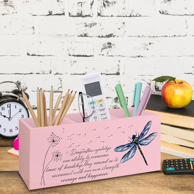 Dragonfly Dandelion Decorative Pink Pencil Holder for Desk,Pink Bookmark Holder Decor, Pen Caddy for Desk Decorative, Motivational Gifts for Women