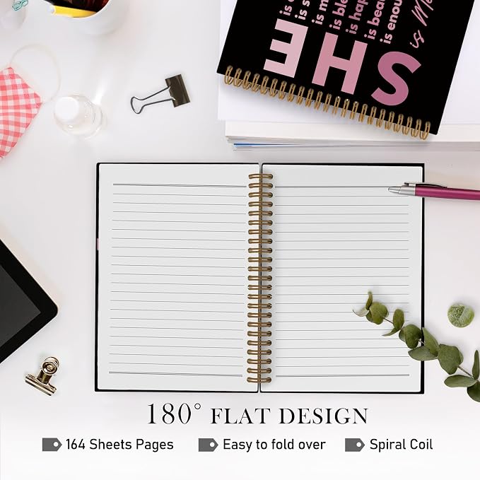 She Is Me Inspirational Spiral Notebook, Self Care Journal Notebook, Black Pink Self Love Notebooks for School Work, Positive Affirmations Office Supplies Gifts for Women Girls, 5.5x8.3 Inch
