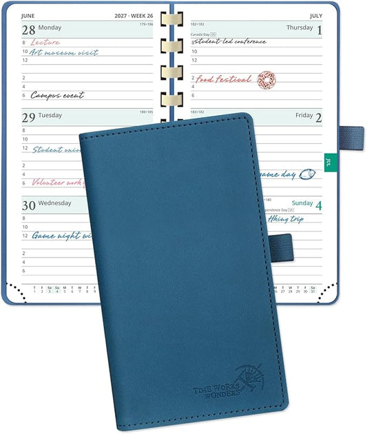 POPRUN 2027 Pocket Planner (Slim 3.5'' x 6.5'') Weekly and Monthly Calendar | 2027 Pocket Calendar(Jan - Dec) Appointment Book with Hourly Time Slots, Monthly Tabs, Spiral Leather Cover - Night Sky Blue