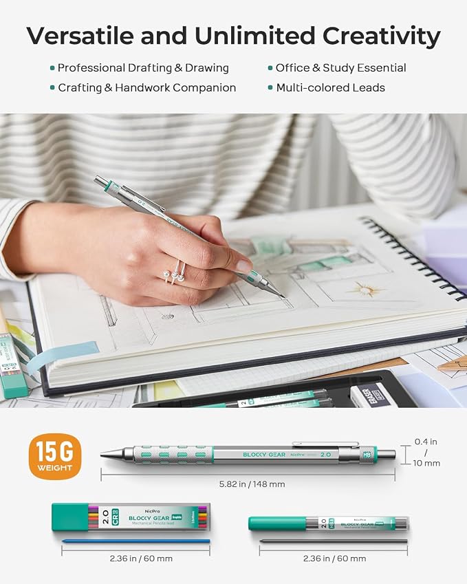 Nicpro 3 Pack Blocky Gear 2.0 mm Metal Mechanical Pencils Set with Case | Drafting Pencil with 13 Tubes 2mm Lead Refills (HB 2B 2H 4B 4H 6B & Colors), Erasers for Carpenter Writing Drawing