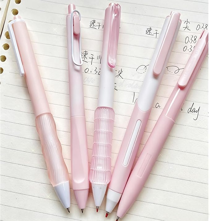 10Pcs Cute Pink Retractable Gel Pens 0.5mm Black Ink Pen for Women Girls