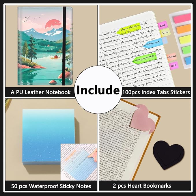 A5 Leather Lined Journal Notebook, 200 Pages Hardcover Executive Notebook for Men Women Office School Note Taking, Thick Writing Paper Daily Journal with Bookmarks/Indexes, Lake Scenery